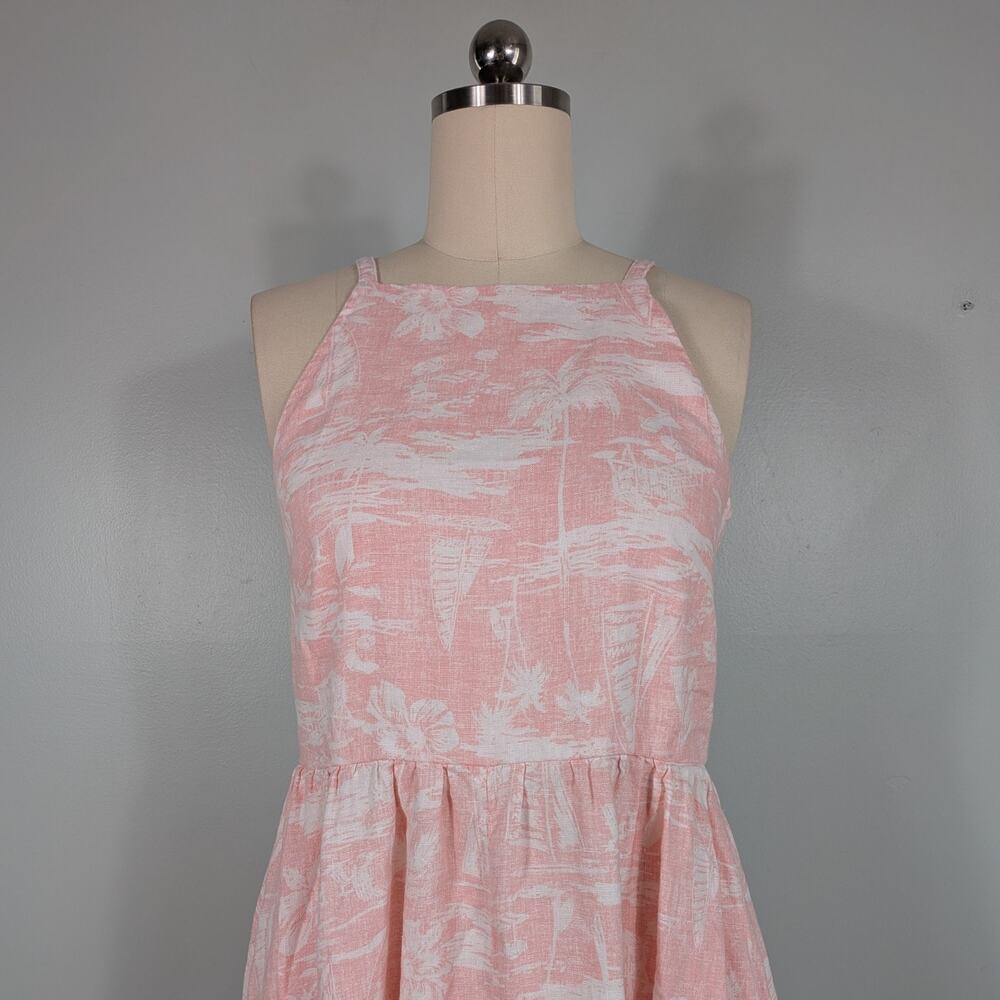 Lands End Linen Midi Dress M Pink White Sundress Smocked Beachy Sleeveles Pocket - Picture 3 of 12